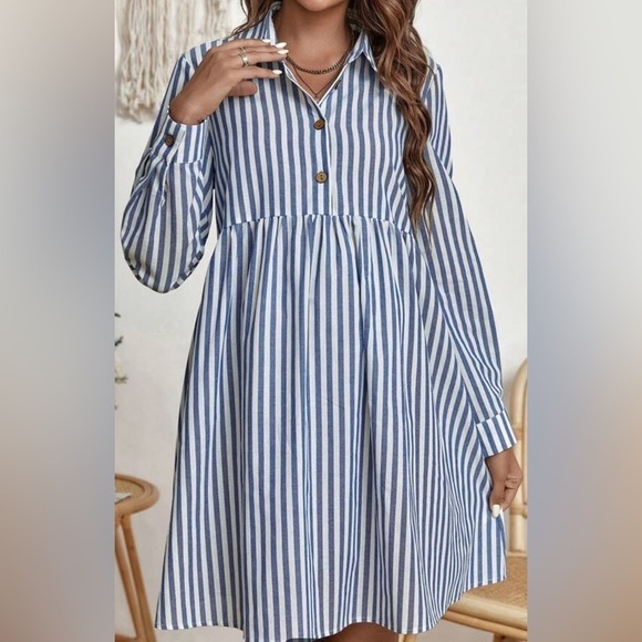 SHEIN Maternity Front Button Babydoll Flowy Stripe Nautical Collar Teacher Dress - Picture 1 of 6